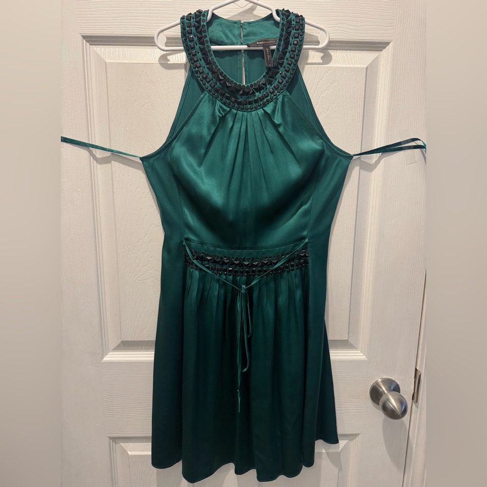 BCBGMaxAzria Teal Satin Halter Dress with Beaded Neckline